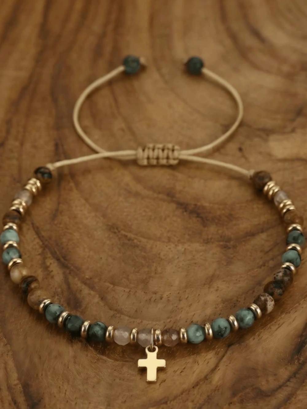 Adjustable‎ Bohemian Style Beaded Bracelet With Gold colored Cross Pendant